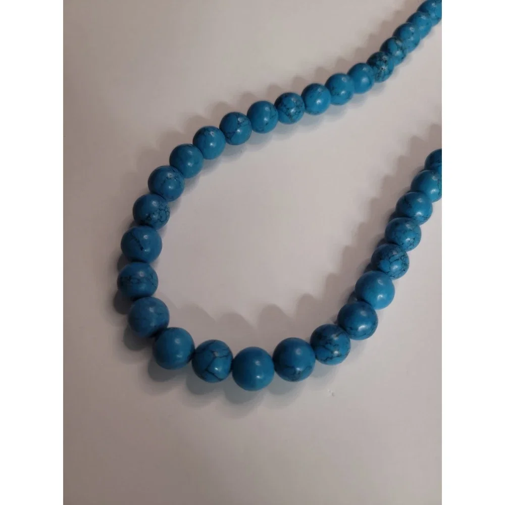 Blue Black Veined Round Bead Long Necklace Southwestern Boho Statement Jewelry